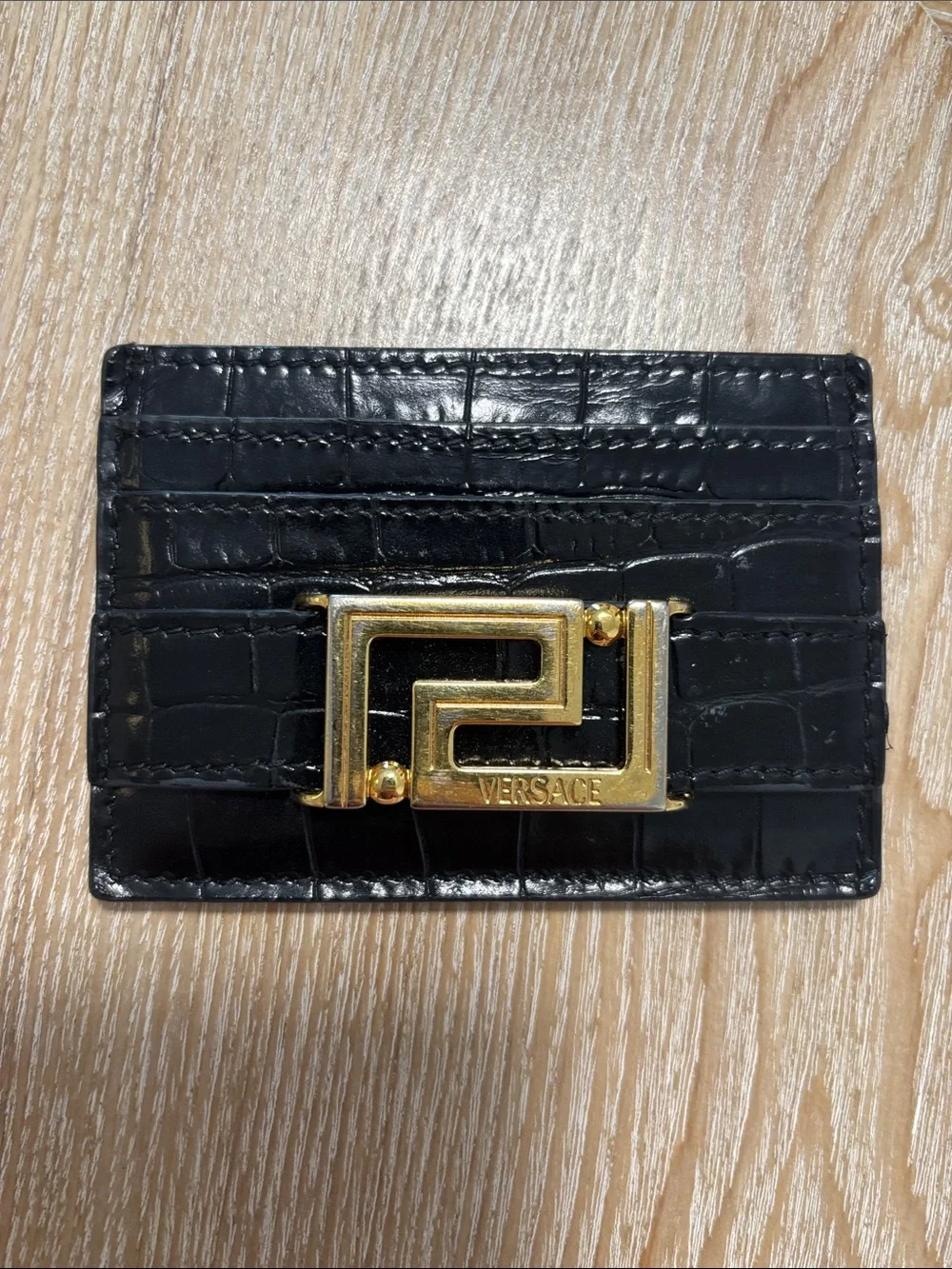 Versace Black Croc-Embossed Card Holder with Gold Medusa Buckle